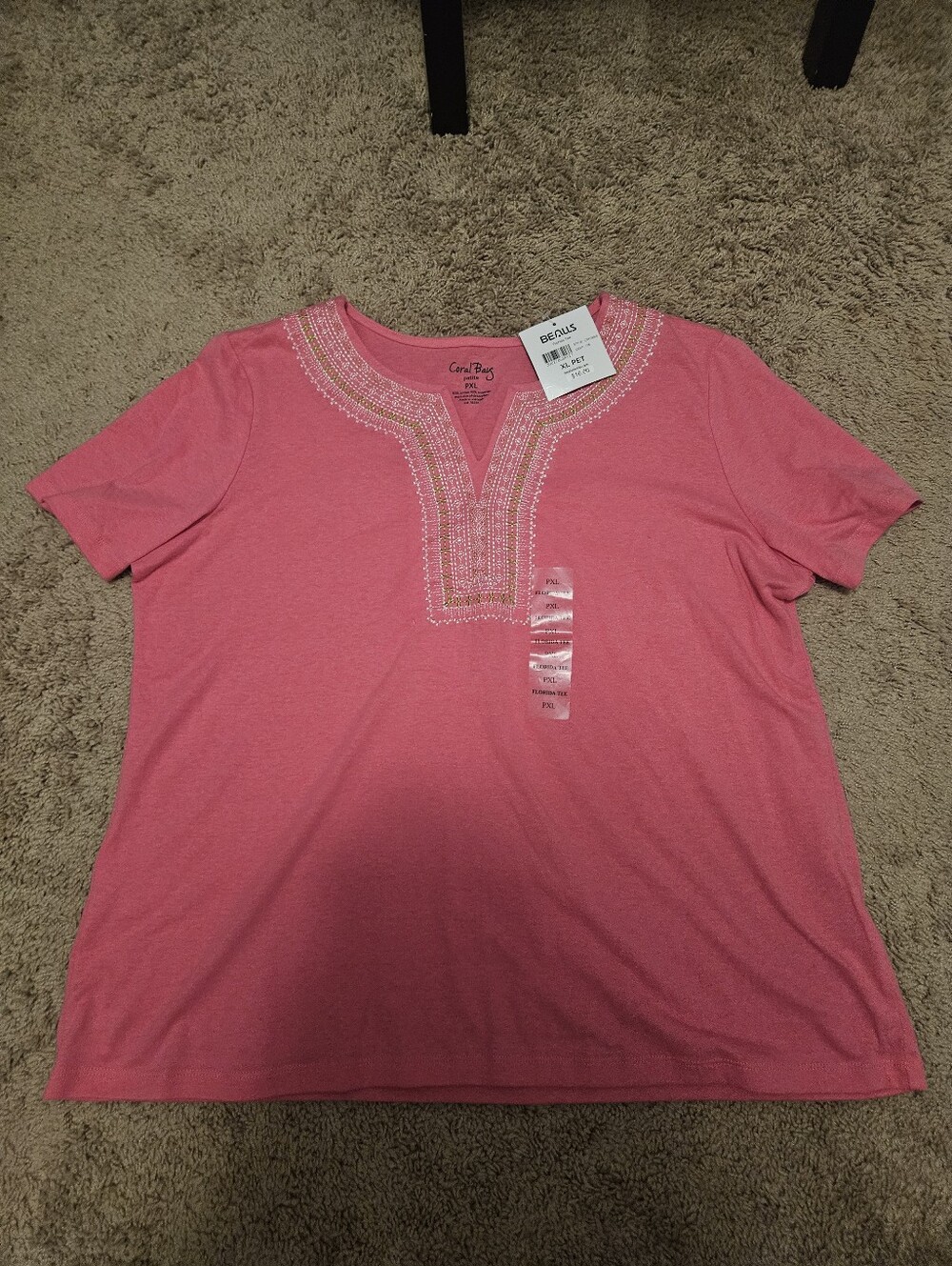 NWT Coral Bay Pink Embellished V-Notch Short Sleeve Tee